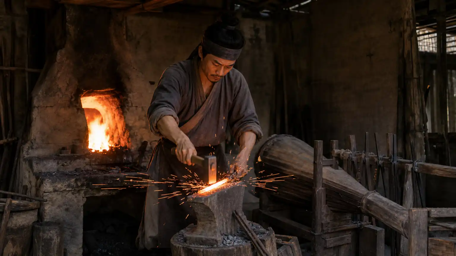 古代名剑铸造场景示意图