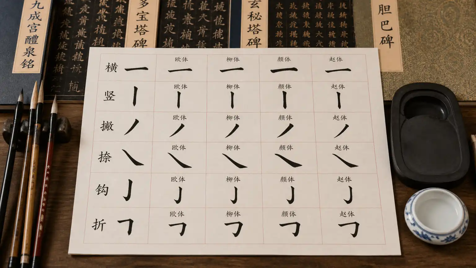横竖撇捺钩折六笔与四家风格总览图