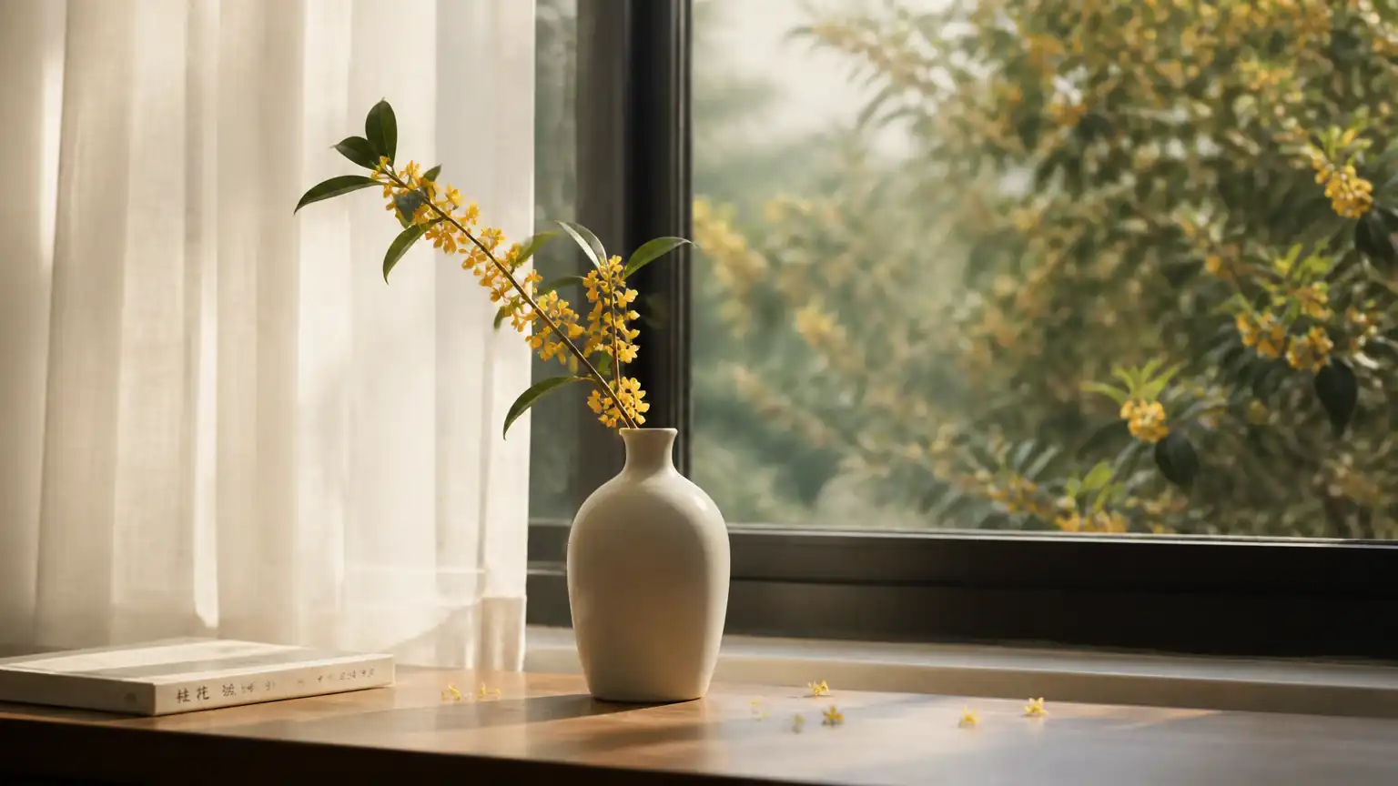 室内瓶中桂花枝闻香场景图