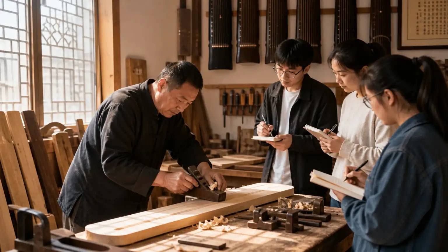 非遗工坊古琴制作场景图