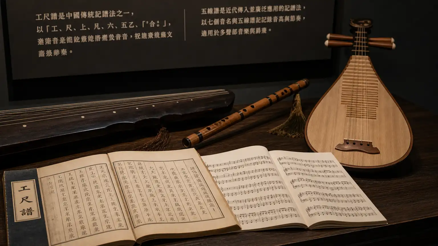 传统乐器与乐谱静物图