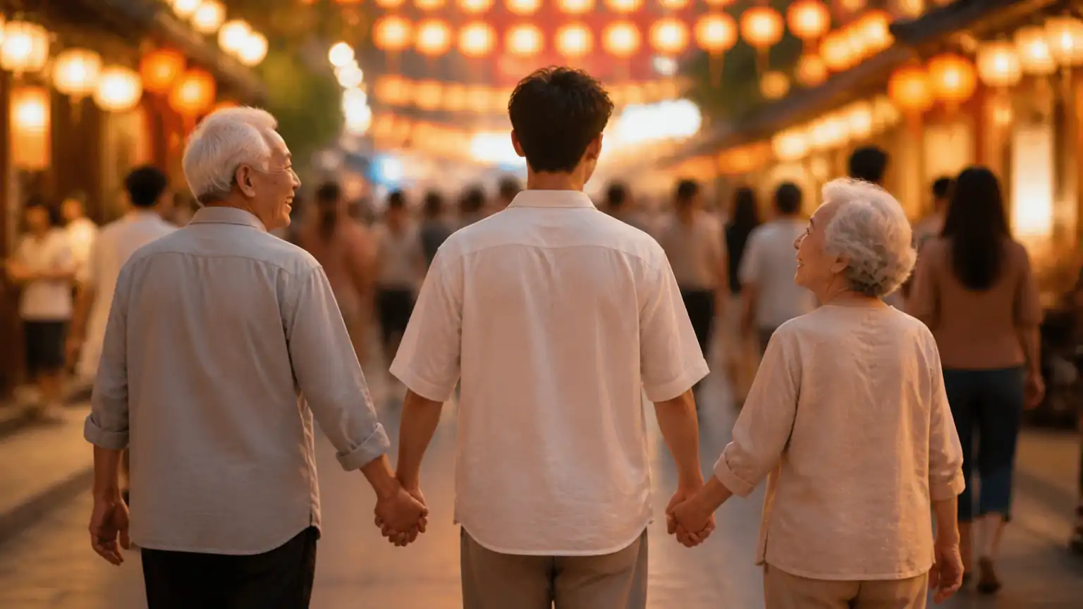 子女牵父母手同行街景图