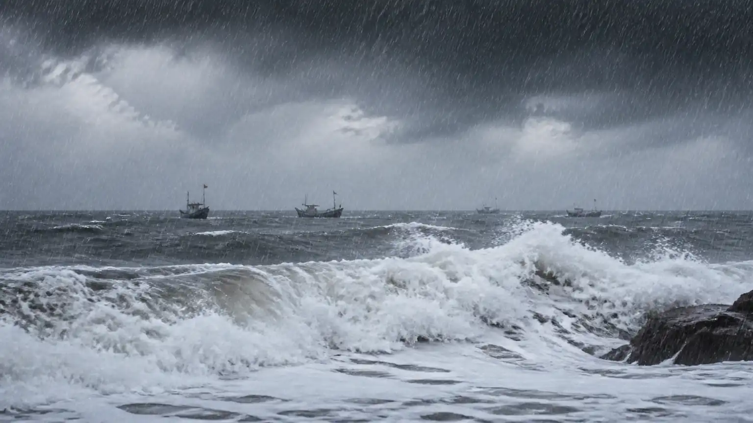 北戴河风雨海浪中的打鱼船