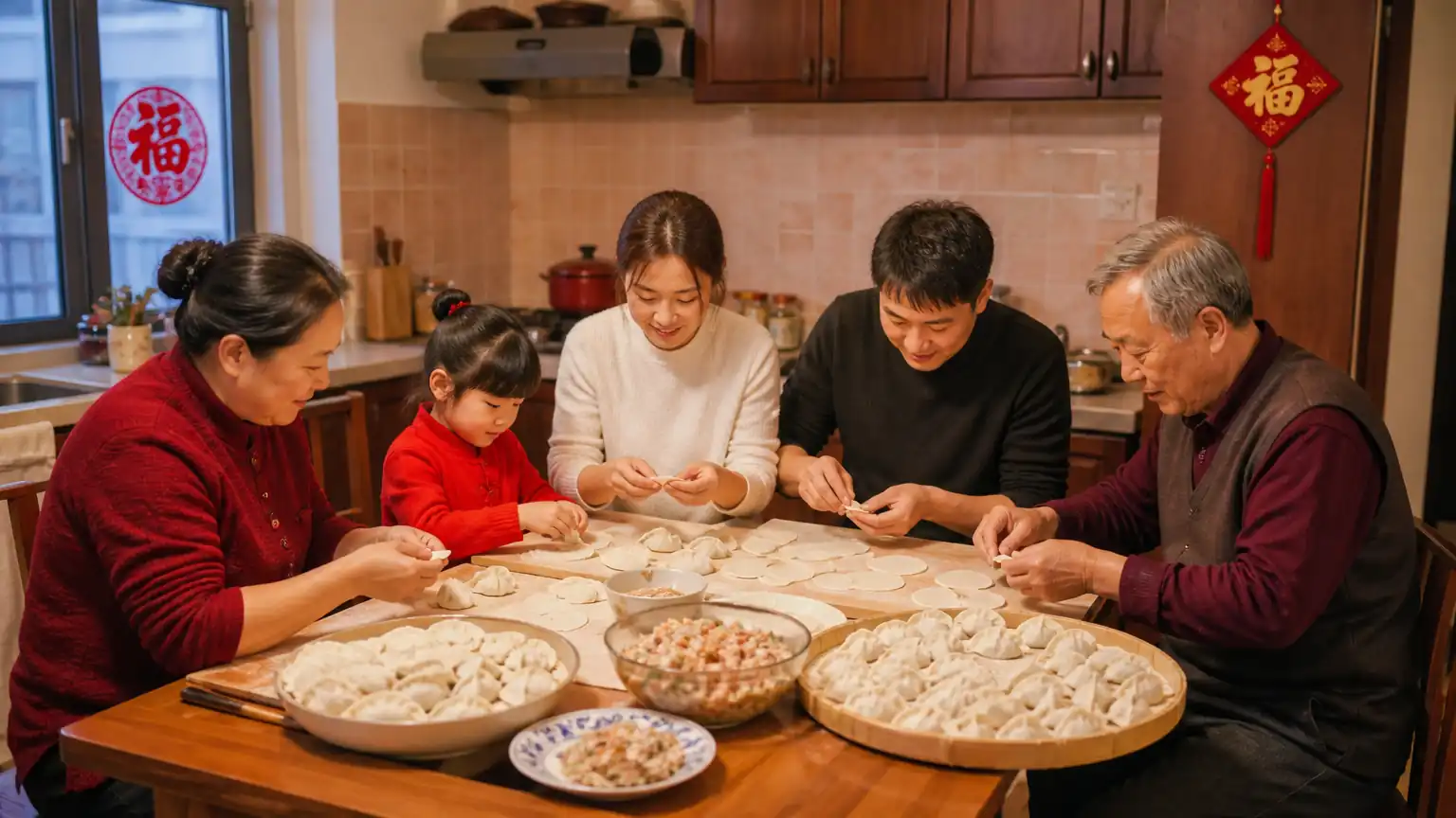 全家包饺子饯行场景图