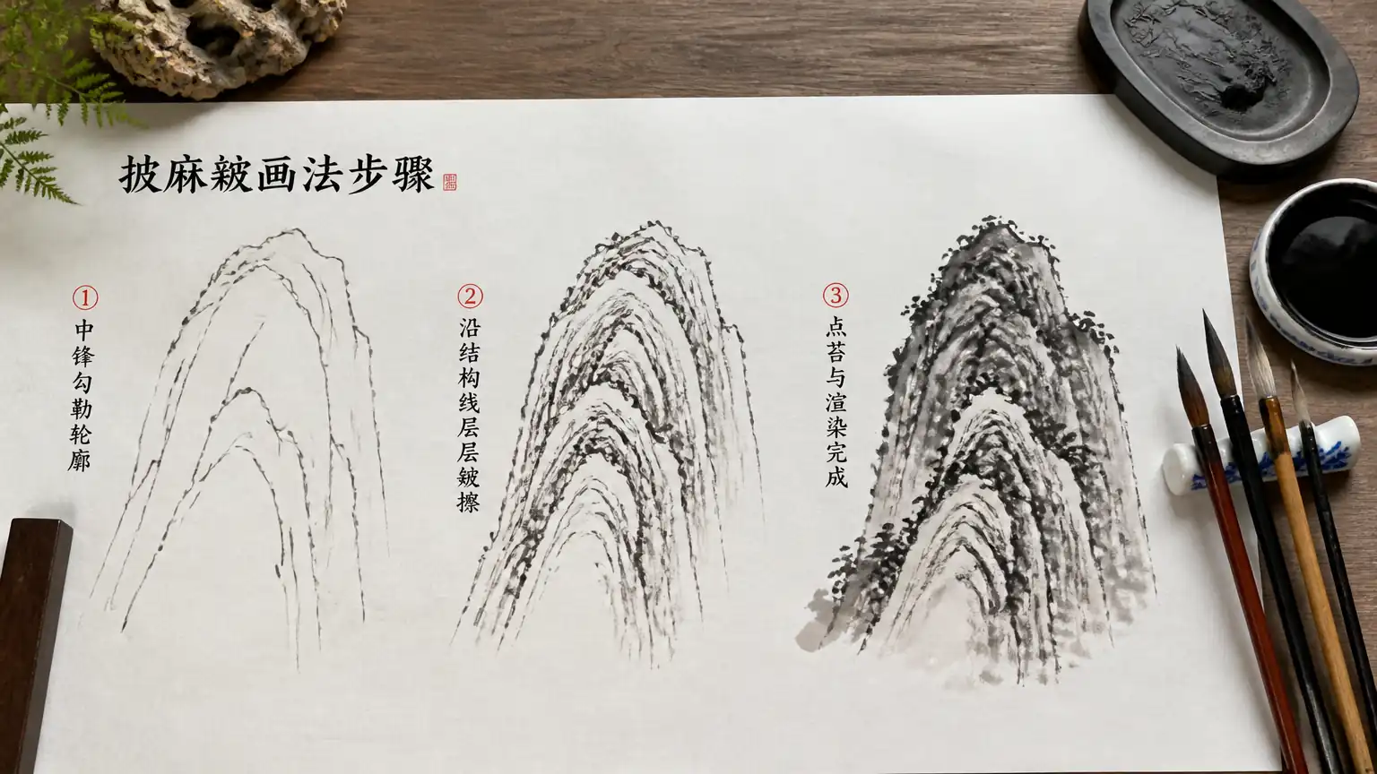 披麻皴分步绘制教学演示图