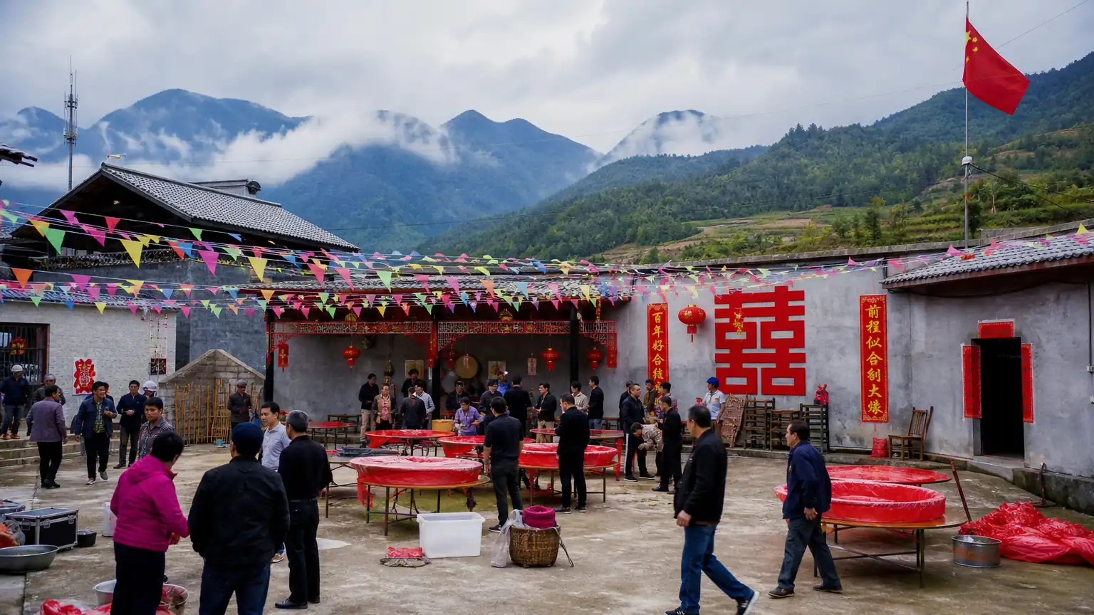 乌蒙山深处山村婚礼场景图
