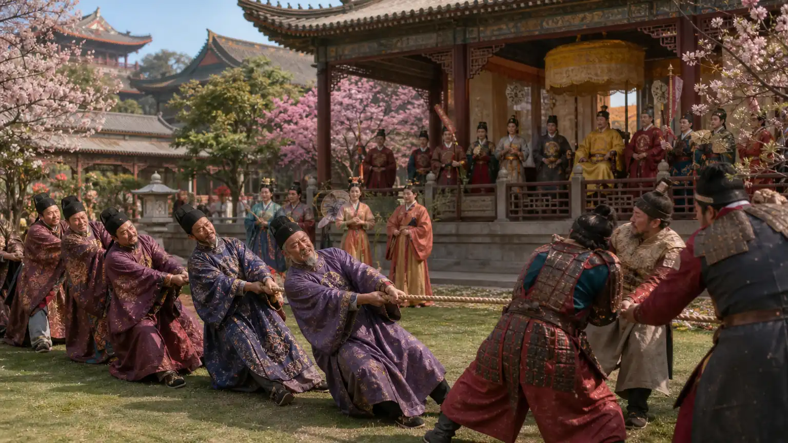 唐中宗梨园君臣拔河场景