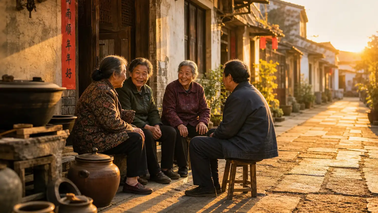 传统街巷邻里温情场景图